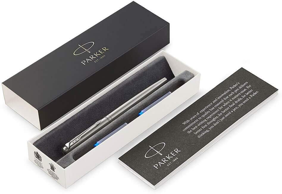 Waterman Expert Fountain Pen, Stainless Steel with Chrome Trim, Medium Nib with Blue Ink Cartridge, Gift Box