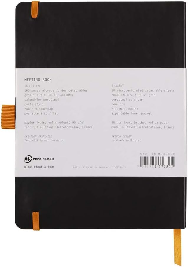 RHODIA 117782C Meeting - Cuaderno flexible (A5+, preimpreso de fecha, Notas y Acción, 160 páginas desmontables, papel Clairefontaine 90 G, marcapáginas, portadocumentos de piel sintética, rodiarama