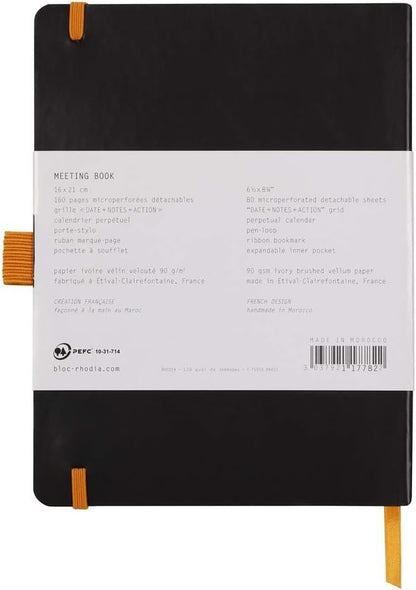 RHODIA 117782C Meeting - Cuaderno flexible (A5+, preimpreso de fecha, Notas y Acción, 160 páginas desmontables, papel Clairefontaine 90 G, marcapáginas, portadocumentos de piel sintética, rodiarama