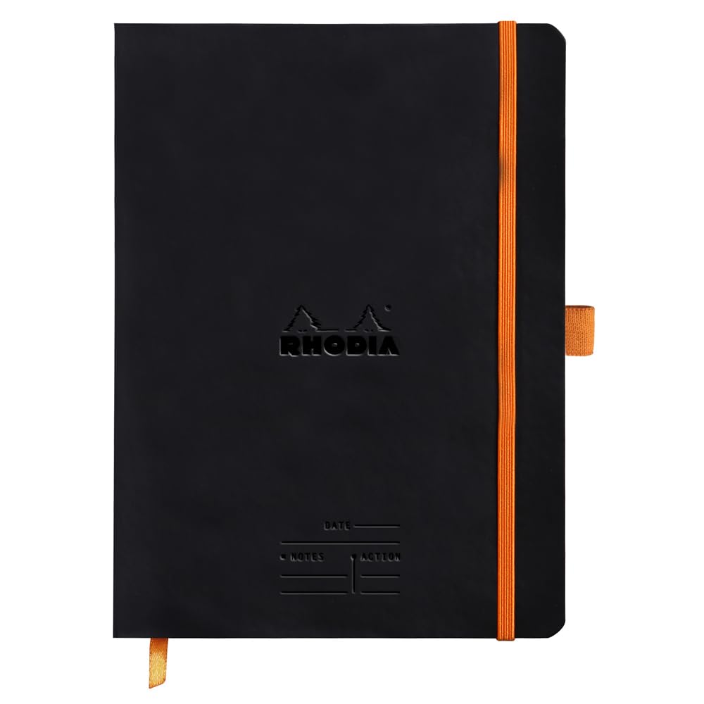 RHODIA 117782C Meeting - Cuaderno flexible (A5+, preimpreso de fecha, Notas y Acción, 160 páginas desmontables, papel Clairefontaine 90 G, marcapáginas, portadocumentos de piel sintética, rodiarama