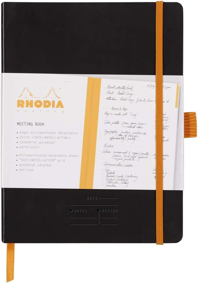 RHODIA 117782C Meeting - Cuaderno flexible (A5+, preimpreso de fecha, Notas y Acción, 160 páginas desmontables, papel Clairefontaine 90 G, marcapáginas, portadocumentos de piel sintética, rodiarama