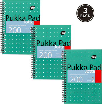 Pukka Pad, A5 Metallic Jotta Book 3-Pack for Home, School, and Office – 15 x 21cm – Wirebound Notebook with 8mm Lines and 80GSM Paper – Features Perforated Edges - 200 Pages, Green