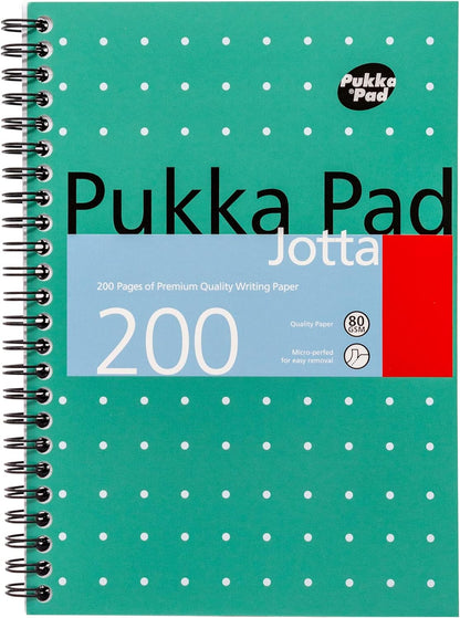 Pukka Pad, A5 Metallic Jotta Book 3-Pack for Home, School, and Office – 15 x 21cm – Wirebound Notebook with 8mm Lines and 80GSM Paper – Features Perforated Edges - 200 Pages, Green