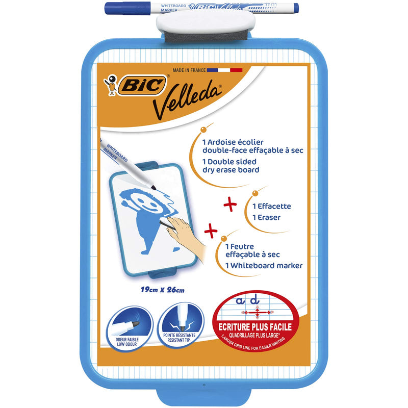 BIC Velleda Double-Sided Dry Erase Board, Size 19 x 26 cm with Blue Whiteboard Marker and Eraser, Pack of 3 19 x26cm