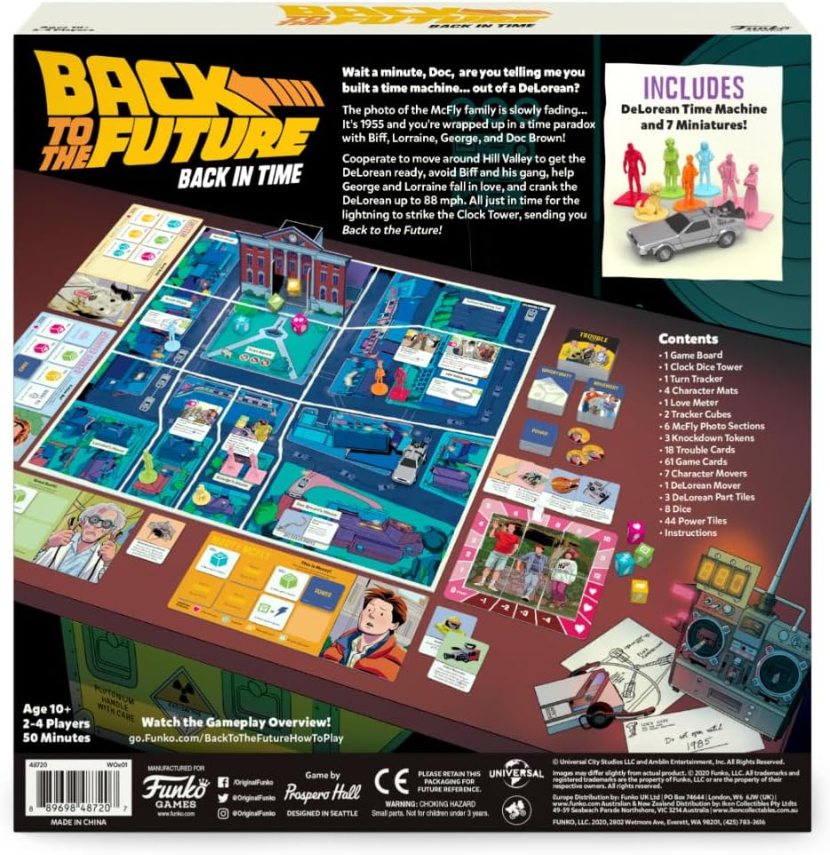 Funko Games: Back to the Future - Back in Time | Cooperative Adventure Board Game | Includes DeLorean Time Machine & 7 Miniatures | For 2-4 Players Ages 10+
