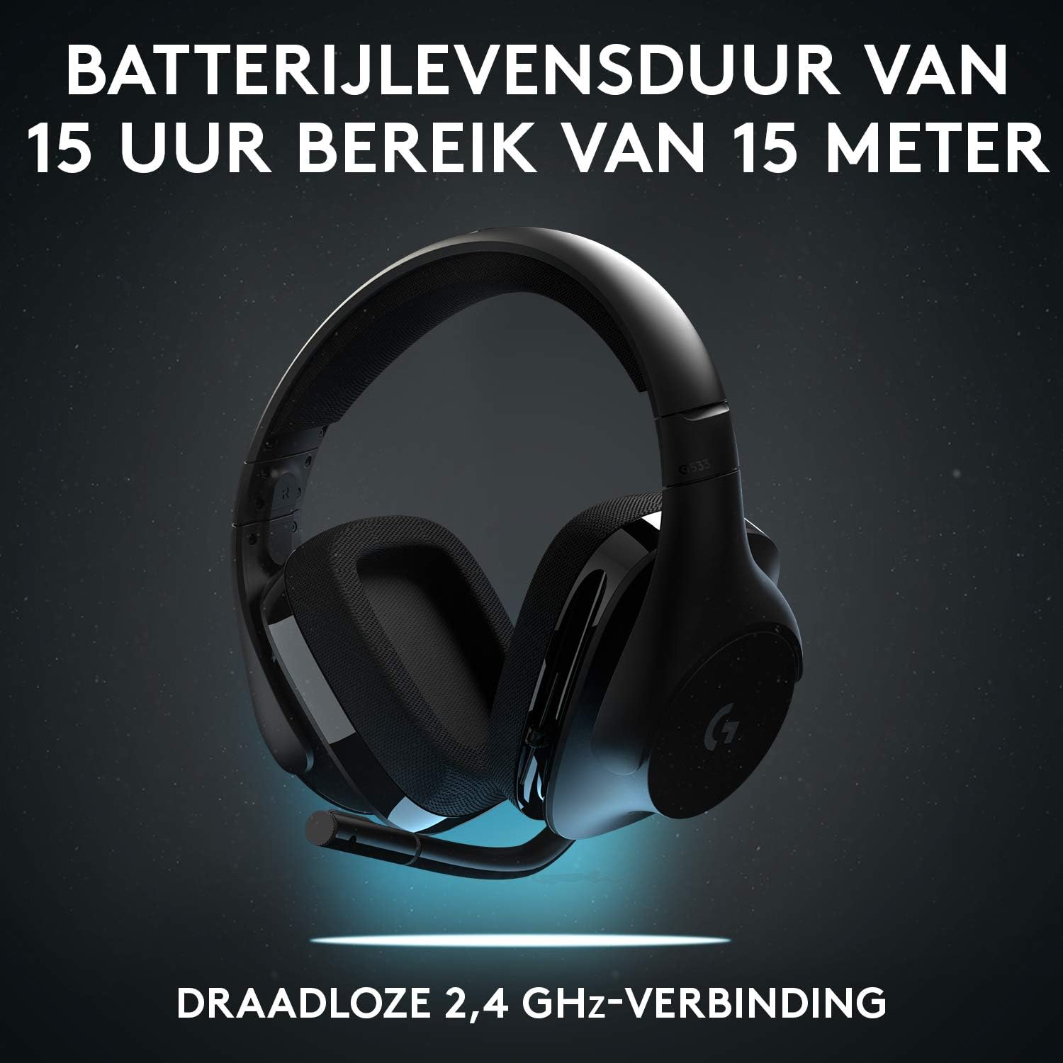 Logitech G533 Draadloze Gaming Headset, 7.1 Surround sound, DTS Headphone:X, 40mm Pro-G drivers, Noise Cancelling Microfoon, 2.4GHz draadloos, Lichtgewicht, Batterijduur 15 uur, PC/Mac - Zwart