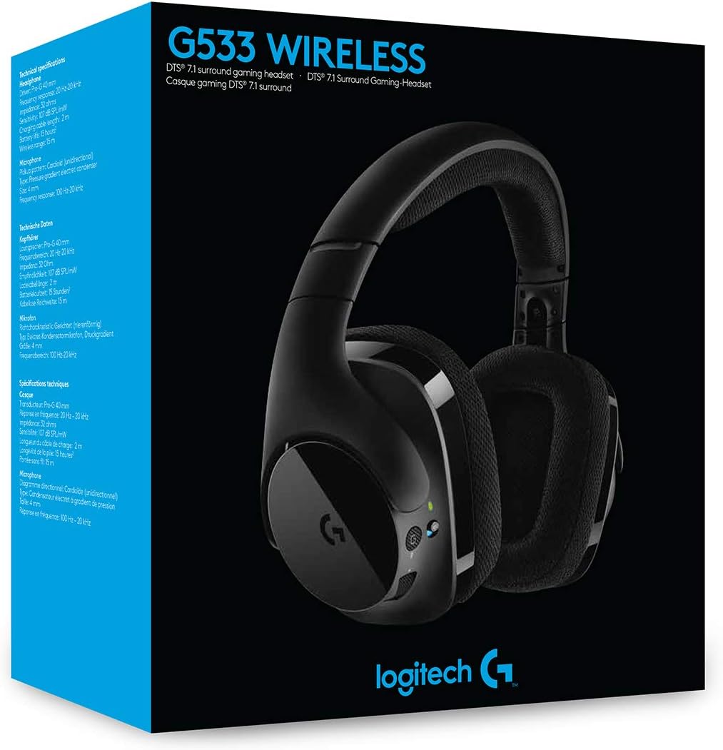 Logitech G533 Draadloze Gaming Headset, 7.1 Surround sound, DTS Headphone:X, 40mm Pro-G drivers, Noise Cancelling Microfoon, 2.4GHz draadloos, Lichtgewicht, Batterijduur 15 uur, PC/Mac - Zwart