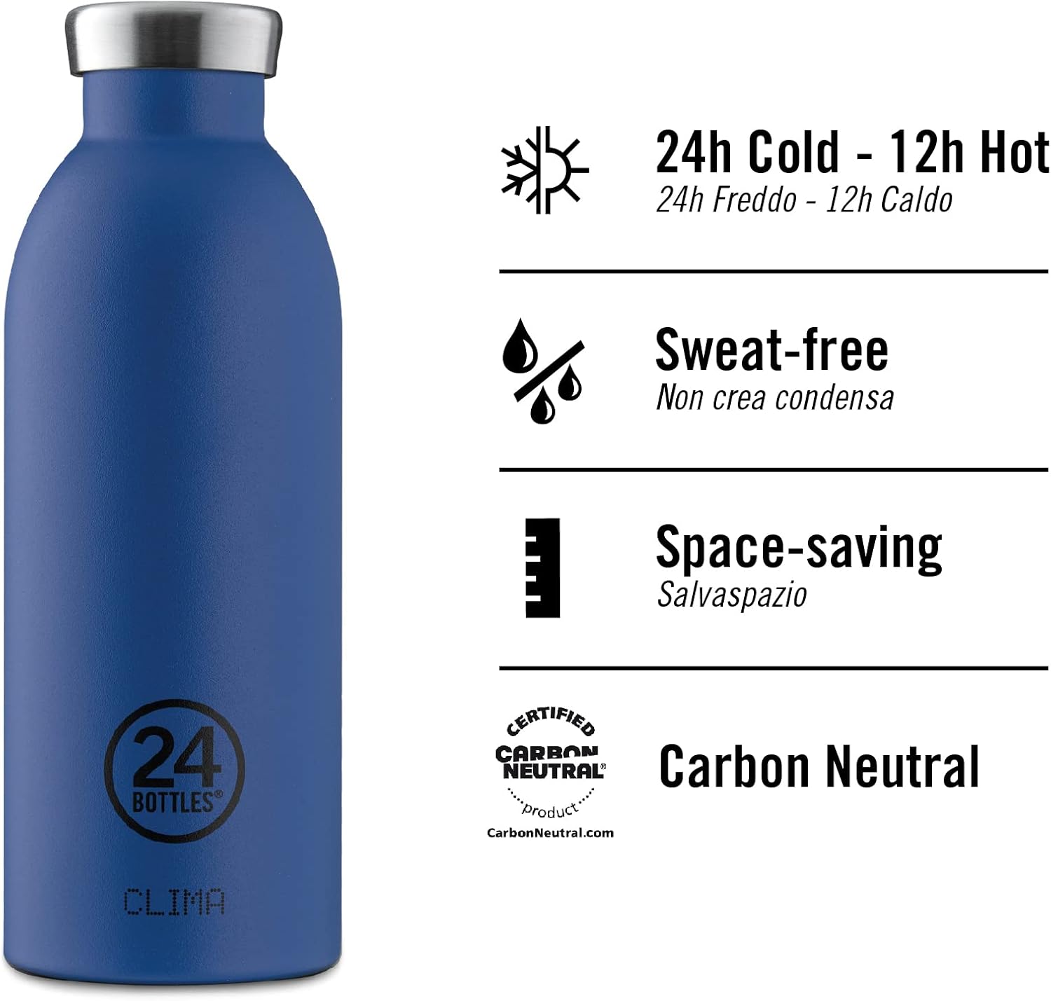 24BOTTLES Clima Bottle – 850 ml Stainless Steel Thermal Bottle, 100% Airtight Thermos Bottle (12h Hot 24h Cold) Italian Design, Ecological Thermal Bottles, Deep Blue Water Bottle