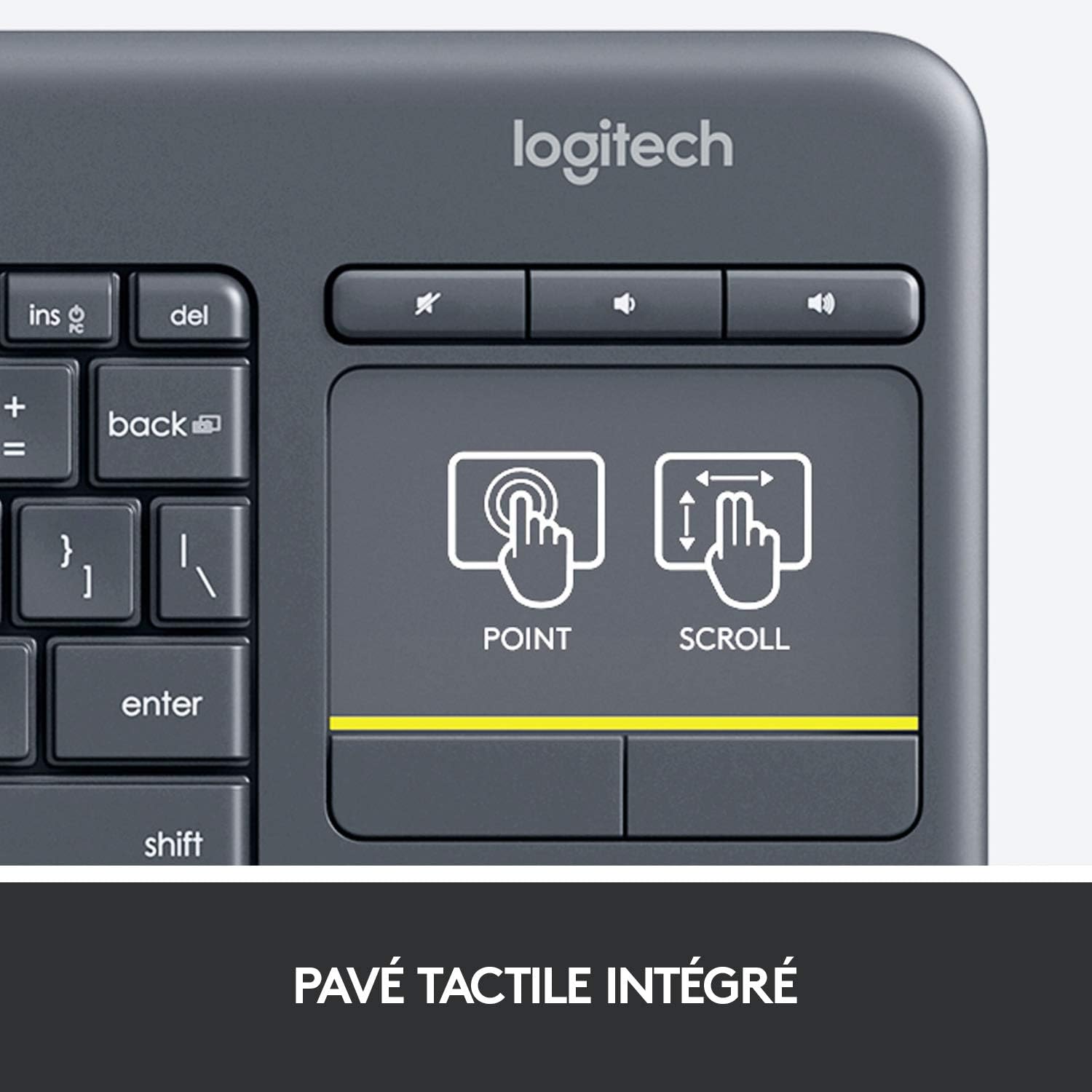 Logitech K400 Teclado Táctil Inalámbrico Plus para TV con un Control Multimedia y Panel Táctil, Disposición QWERTY Pan Nordic - Negro