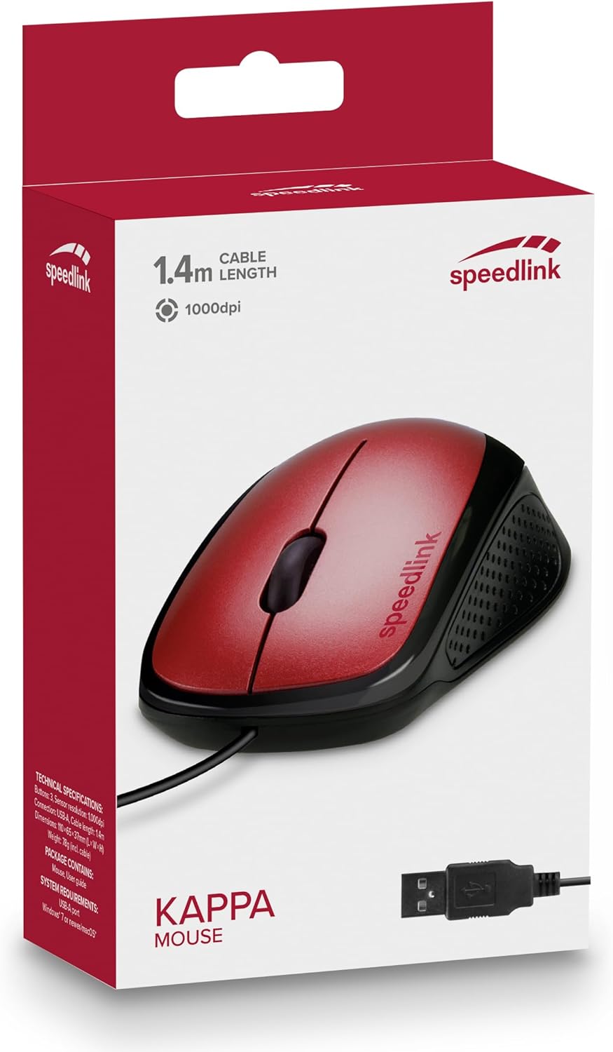 Speedlink Kappa Mouse - 3 Buttons Mouse with USB Connection for Office/Home Office, 1000 DPI, Driverless Installation, Ergonomic Shape for Gaming/PC/Notebook/Laptop, Red Wi