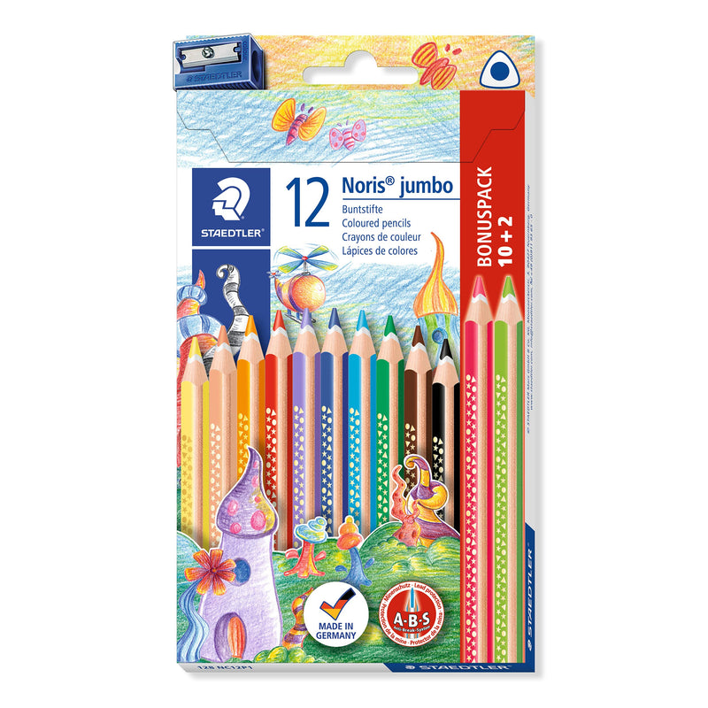 STAEDTLER 128 NC12P1 Noris Jumbo Coloured Pencils in Assorted Colours, Pack of 10 + 2, with Sharpener