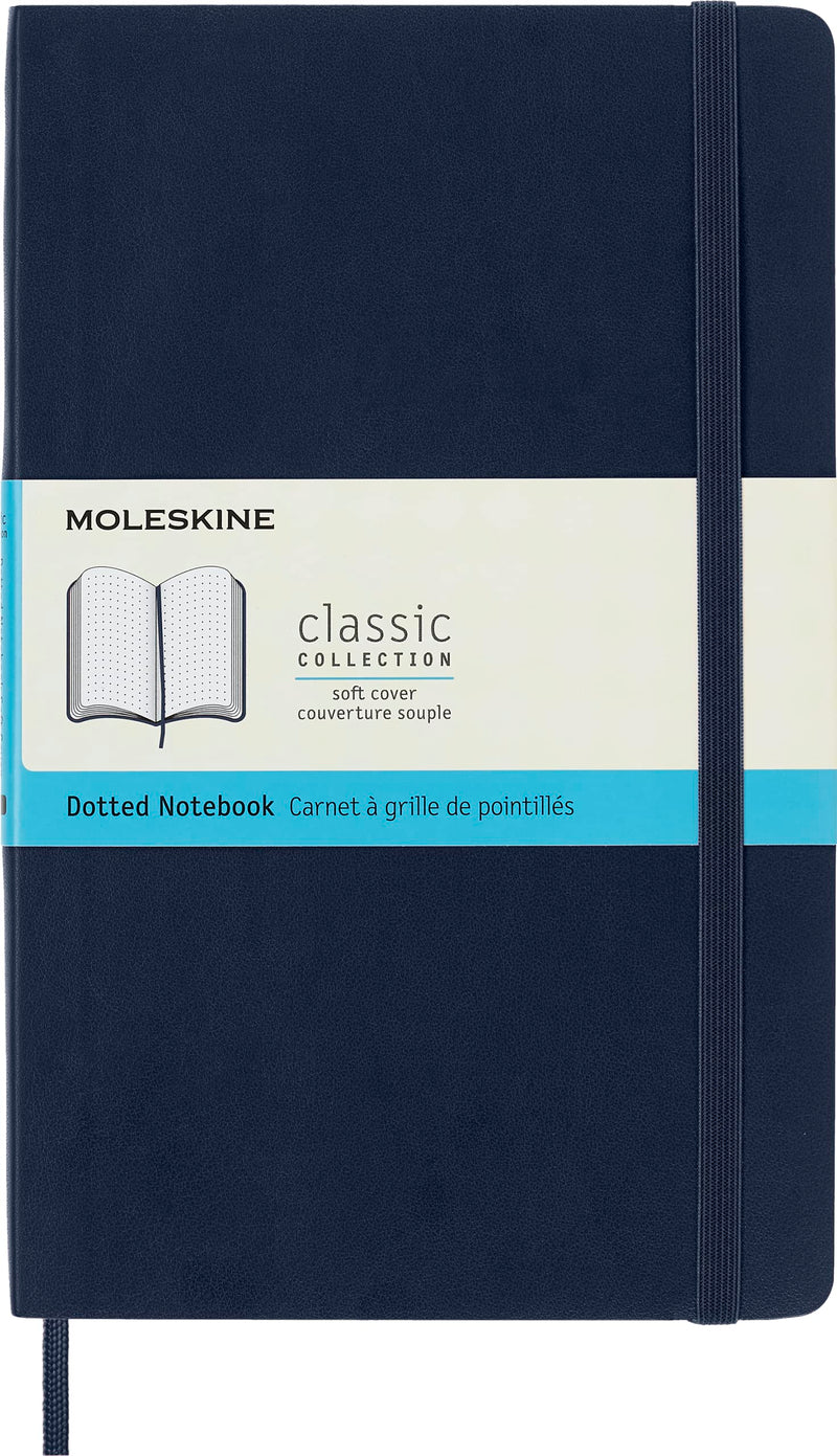 Moleskine Classic Dotted Paper Notebook, Soft Cover and Elastic Closure Journal, Color Sapphire Blue, Size Large 13 x 21 A5, 192 Pages