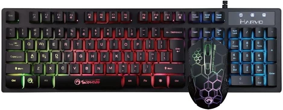 Marvo Scorpion KM409 Gaming Keyboard and Mouse Bundle, 7 Colour LED Backlit, USB 2.0, Compact Design, Multi-Media and Anti-ghosting Keys, Optical Sensor Mouse with Adjustable 800-2400 dpi, UK Layout