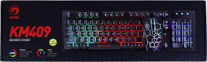 Marvo Scorpion KM409 Gaming Keyboard and Mouse Bundle, 7 Colour LED Backlit, USB 2.0, Compact Design, Multi-Media and Anti-ghosting Keys, Optical Sensor Mouse with Adjustable 800-2400 dpi, UK Layout