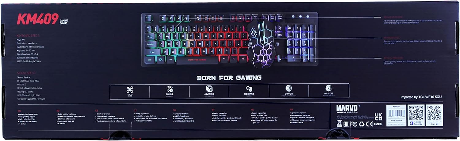 Marvo Scorpion KM409 Gaming Keyboard and Mouse Bundle, 7 Colour LED Backlit, USB 2.0, Compact Design, Multi-Media and Anti-ghosting Keys, Optical Sensor Mouse with Adjustable 800-2400 dpi, UK Layout