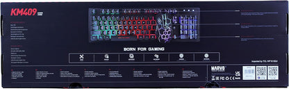 Marvo Scorpion KM409 Gaming Keyboard and Mouse Bundle, 7 Colour LED Backlit, USB 2.0, Compact Design, Multi-Media and Anti-ghosting Keys, Optical Sensor Mouse with Adjustable 800-2400 dpi, UK Layout