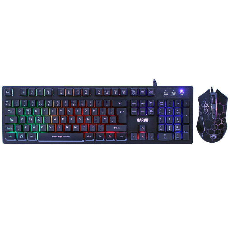 Marvo Scorpion KM409 Gaming Keyboard and Mouse Bundle, 7 Colour LED Backlit, USB 2.0, Compact Design, Multi-Media and Anti-ghosting Keys, Optical Sensor Mouse with Adjustable 800-2400 dpi, UK Layout