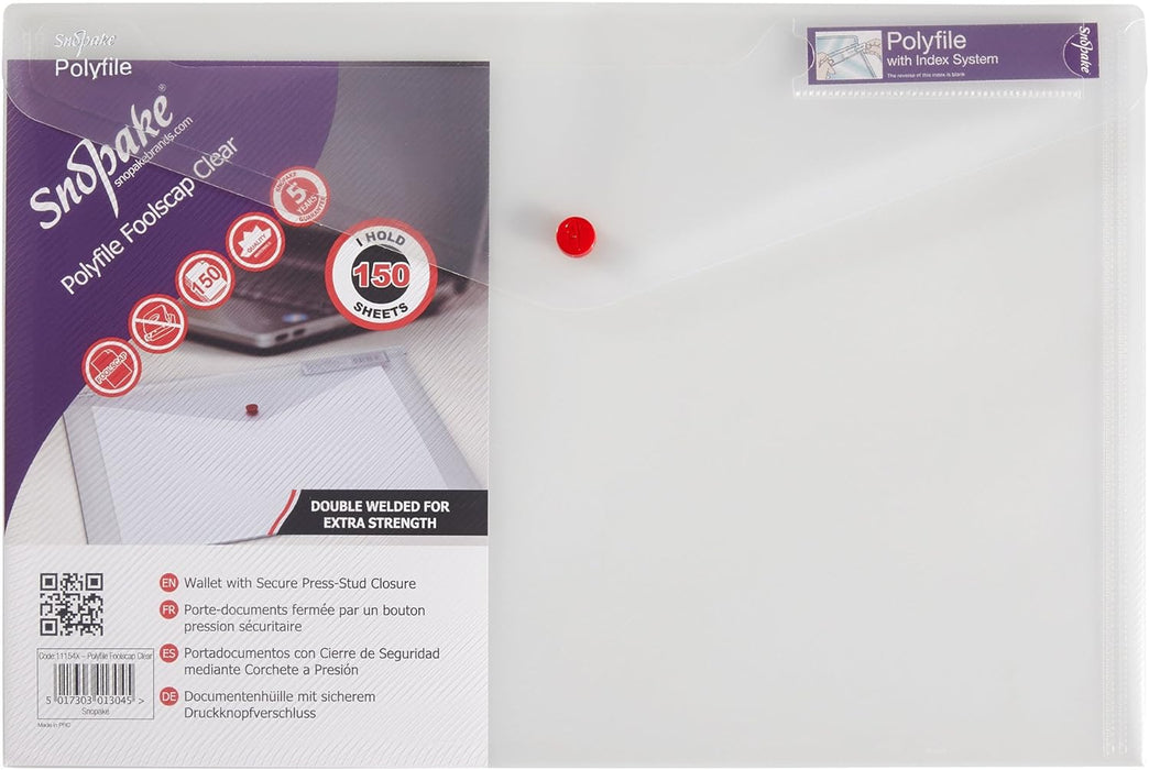 Snopake Foolscap Clear Polyfile  Popper Wallet with Index Tab and Press Stud Closure