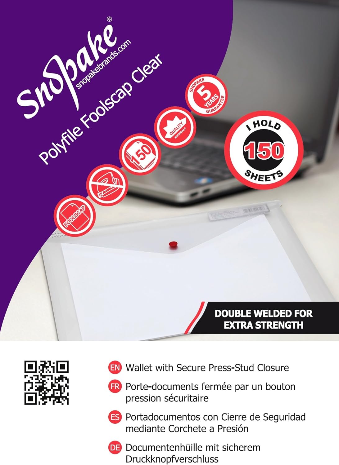 Snopake Foolscap Clear Polyfile  Popper Wallet with Index Tab and Press Stud Closure