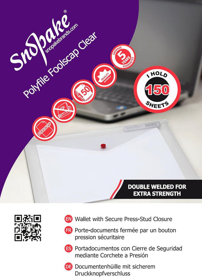 Snopake Foolscap Clear Polyfile  Popper Wallet with Index Tab and Press Stud Closure