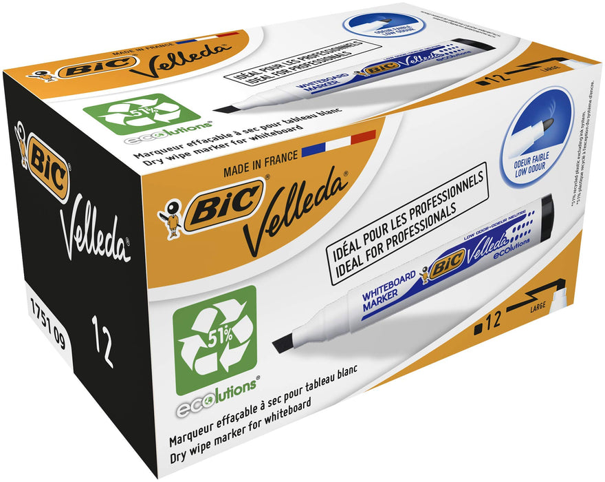 BIC Velleda 1751 ECOlutions Whiteboard Pens, Black, Box of 12 - Low-Odor Erasable Pens for Office or School