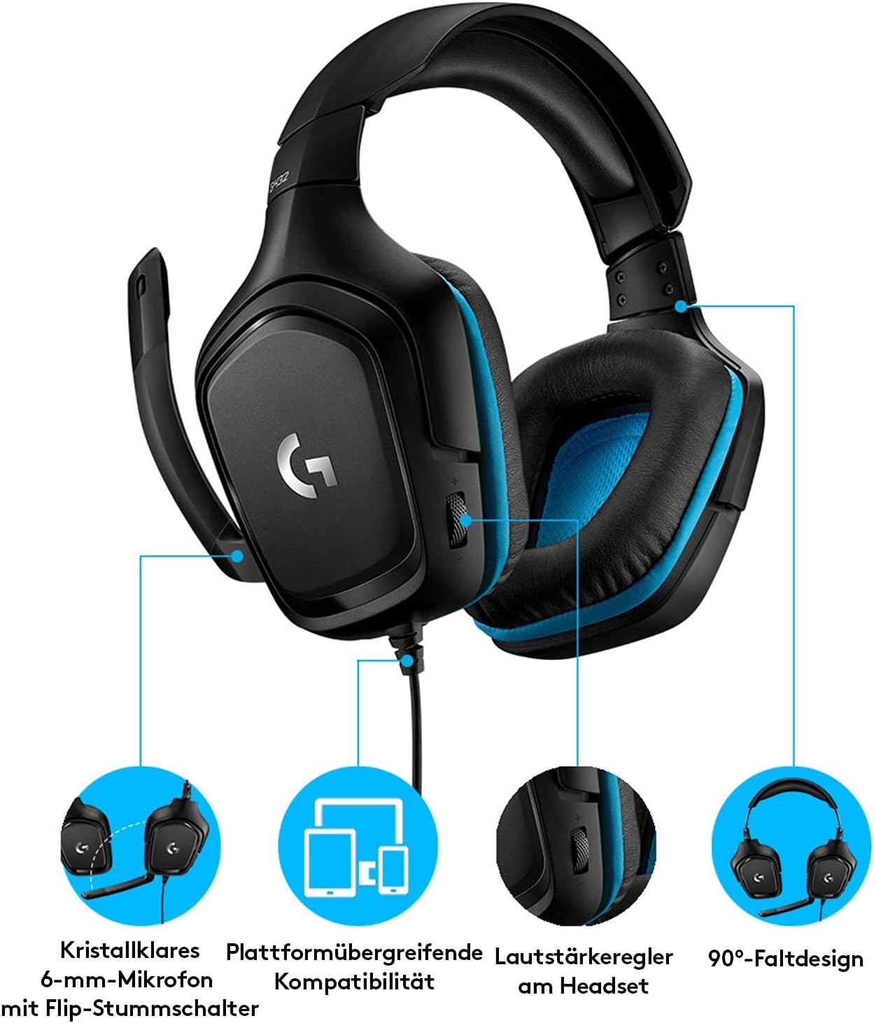 Logitech G432 kabelgebundenes Gaming-Headset, 7.1 Surround Sound, DTS Headphone:X 2.0, Bügelmikrofon mit Flip-Stummschaltung, Ohrpolster mit Kunstleder, PC/Mac/Xbox One/PS4/Nintendo Switch - Schwarz