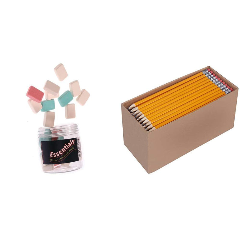Whitecroft Essentials 37691 Stationery Tubs Pencil Erasers - Assorted Colours (Pack of 25) & Amazon Basics Presharpened Wood Cased #2 HB Pencils, 150 Pack