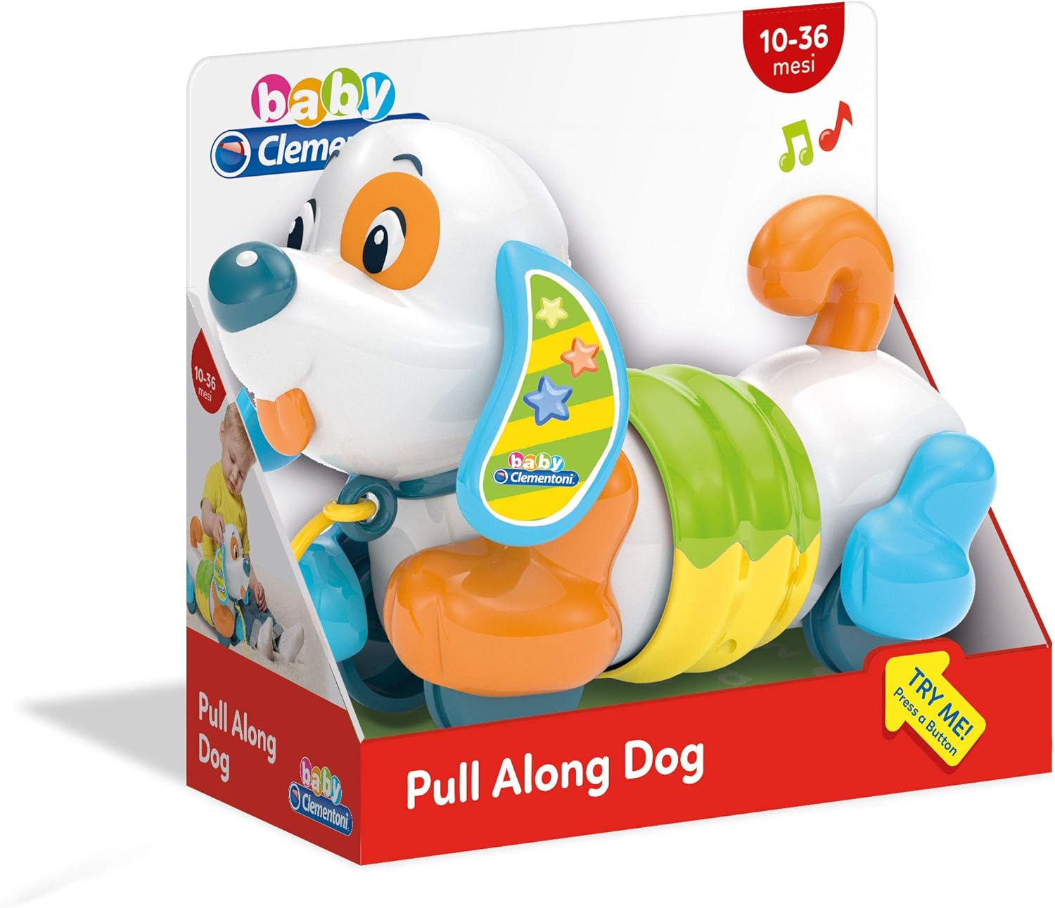 Clementoni 17262 - Pull Along Dog for Baby Toddlers, Multi-Coloured, ages 10 months plus Puppy Toy on Lead (Cagnolino Trainabile)
