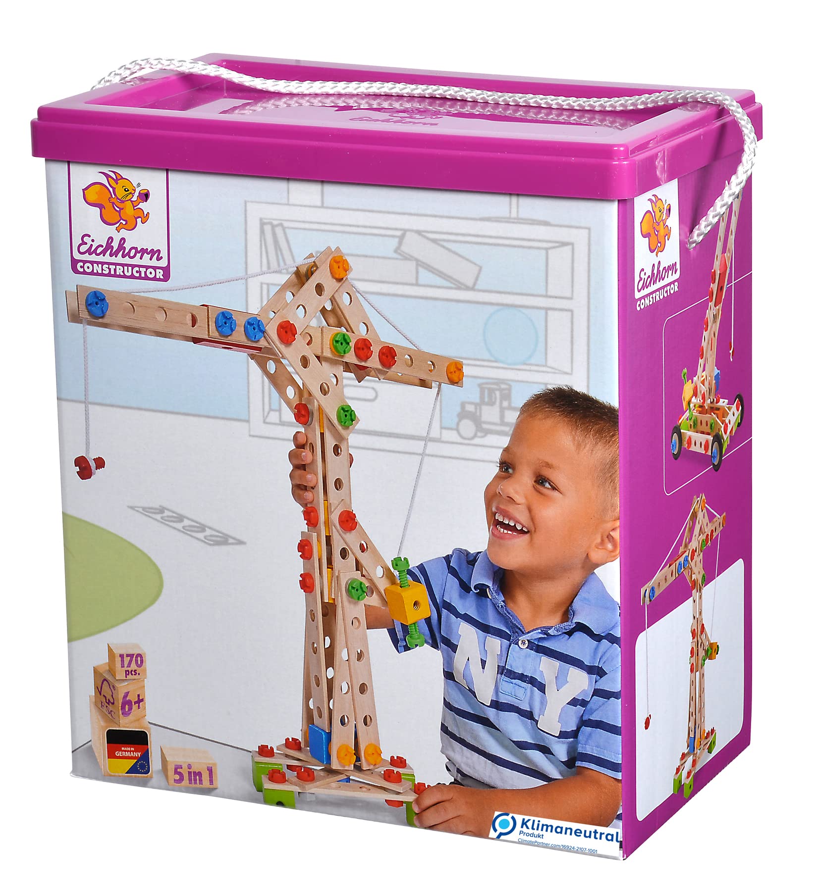Eichhorn- Eh, Kran Constructor Grúa - Juguete de Madera versátil, 170 componentes, 5 construcciones Diferentes, Multicolor (100039097