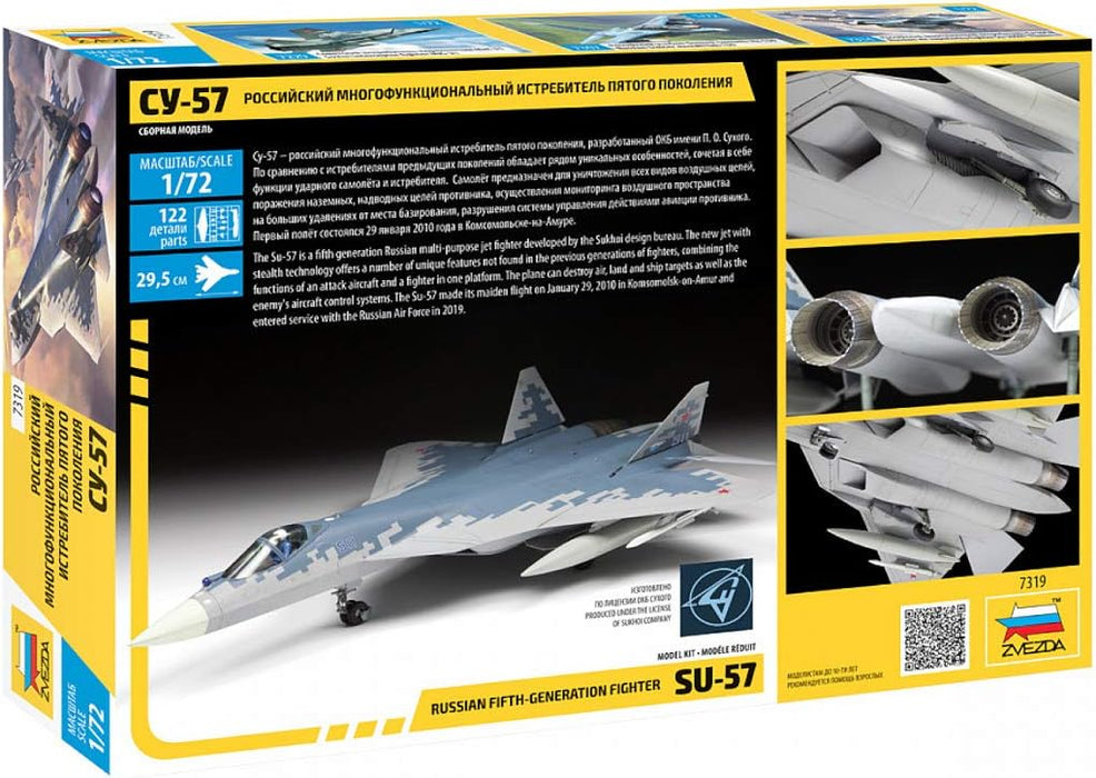 Zvezda 500787319-1 Sukhoi SU-57 500787319-Kit de construcción de plástico (1:72), diseño de maqueta, para Principiantes, detallado, Color Plateado (7319