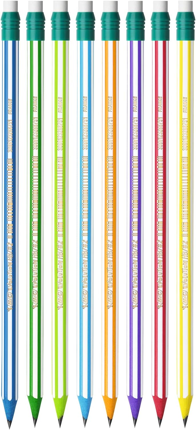 BIC Evolution Graphite Pencils - Pack of 8 - HB Pencils with Eraser - Colourful Stripe Design and Shock-Resistant Lead