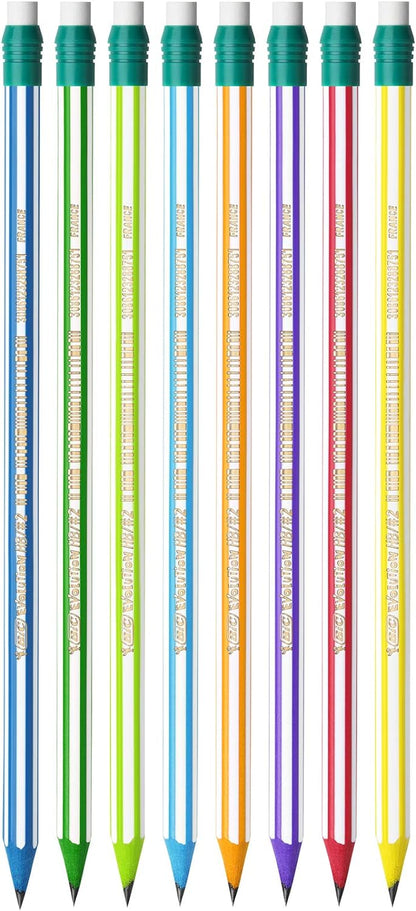 BIC Evolution Graphite Pencils - Pack of 8 - HB Pencils with Eraser - Colourful Stripe Design and Shock-Resistant Lead