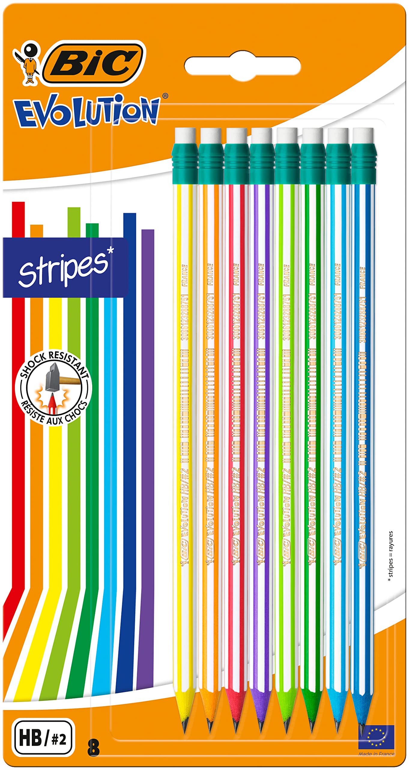 BIC Evolution Graphite Pencils - Pack of 8 - HB Pencils with Eraser - Colourful Stripe Design and Shock-Resistant Lead