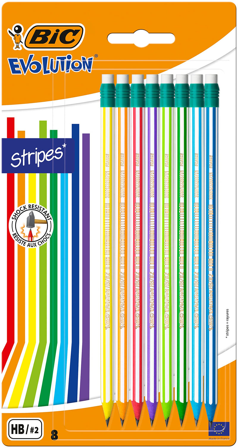 BIC Evolution Graphite Pencils - Pack of 8 - HB Pencils with Eraser - Colourful Stripe Design and Shock-Resistant Lead
