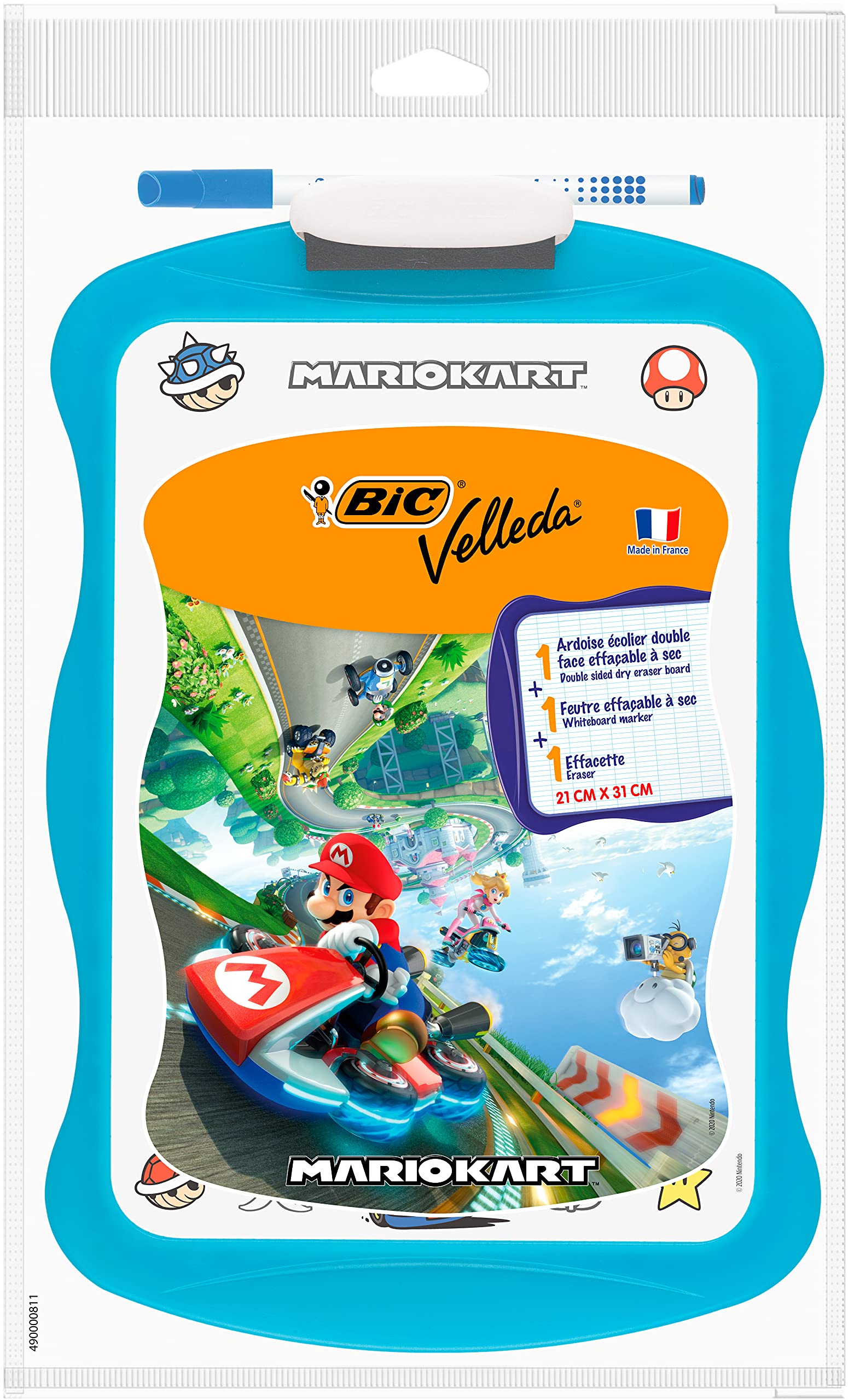 Bic Mario Kart Velleda Slate Double Sided School Board Dry Erasable 20 x 31 cm with Dry Erase Felt and Eraser - Blue, Pack of 1