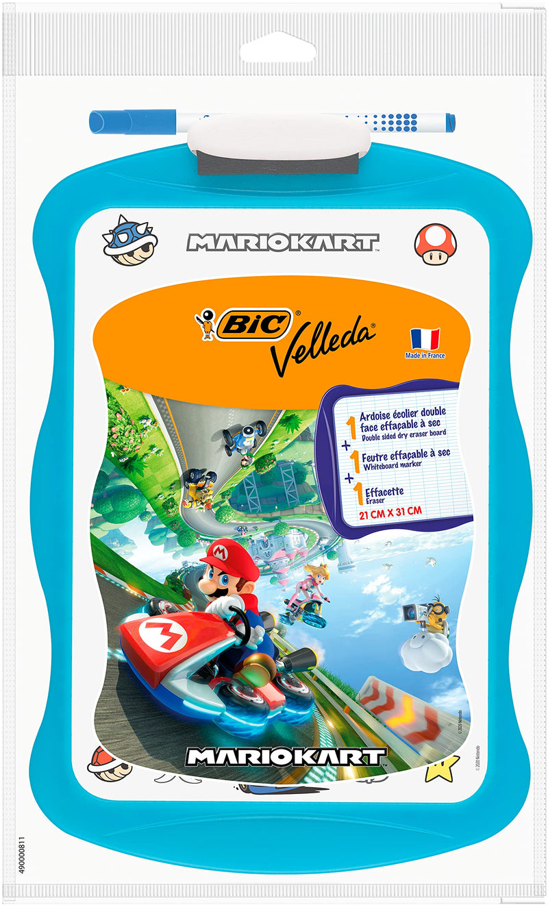 Bic Mario Kart Velleda Slate Double Sided School Board Dry Erasable 20 x 31 cm with Dry Erase Felt and Eraser - Blue, Pack of 1