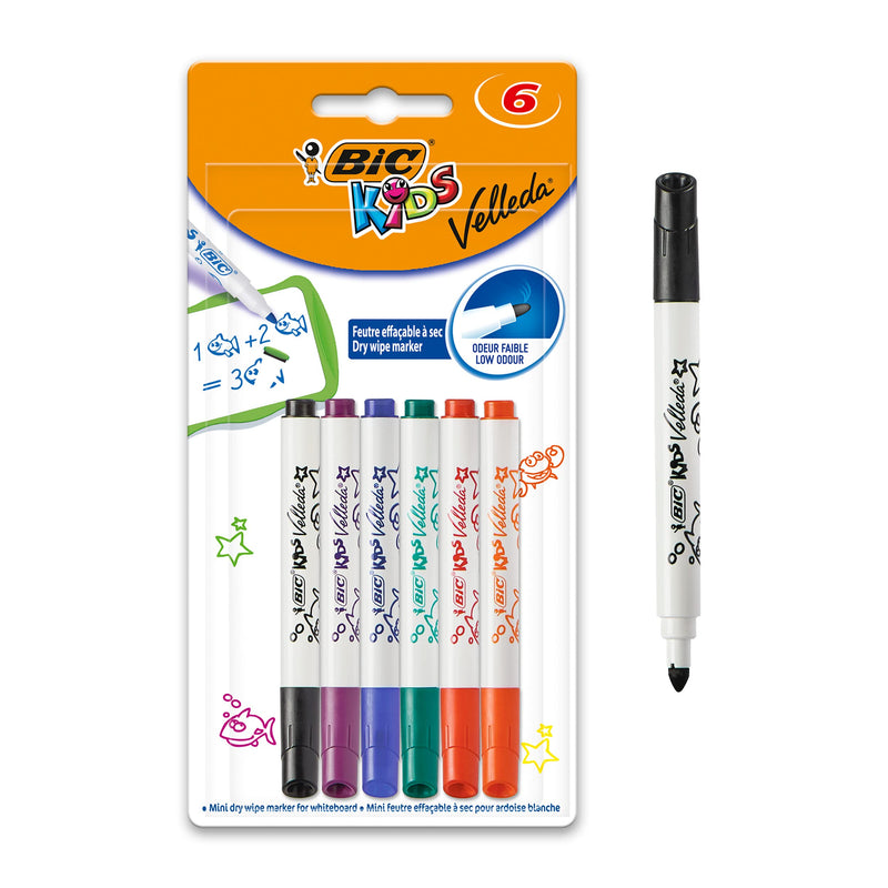 BIC Kids Mini Velleda, Whiteboard Markers Fine Bullet Dry Wipe Markers, Ideal for School or Home, Assorted Colours, Pack of 6