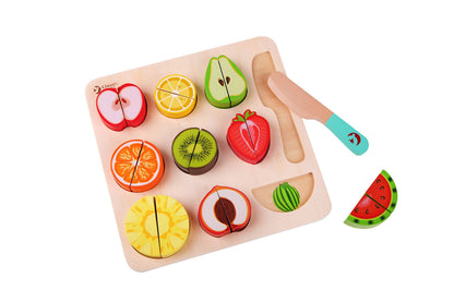 Classic World - Wooden Play Food - Cutting Fruit Puzzle Toy- 20 pieces Colourful Kitchen Pretend Playset - Wooden Cutting Fruit and Veg Toys - Educational Learning Toys - Suitable for 18 Months +