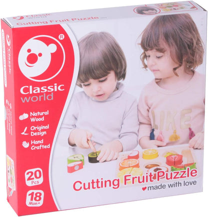 Classic World - Wooden Play Food - Cutting Fruit Puzzle Toy- 20 pieces Colourful Kitchen Pretend Playset - Wooden Cutting Fruit and Veg Toys - Educational Learning Toys - Suitable for 18 Months +