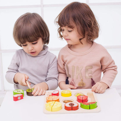 Classic World - Wooden Play Food - Cutting Fruit Puzzle Toy- 20 pieces Colourful Kitchen Pretend Playset - Wooden Cutting Fruit and Veg Toys - Educational Learning Toys - Suitable for 18 Months +