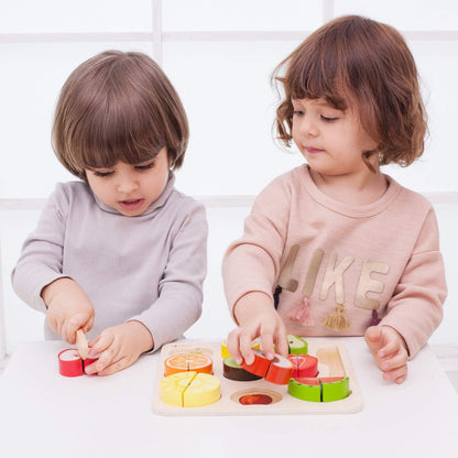 Classic World - Wooden Play Food - Cutting Fruit Puzzle Toy- 20 pieces Colourful Kitchen Pretend Playset - Wooden Cutting Fruit and Veg Toys - Educational Learning Toys - Suitable for 18 Months +