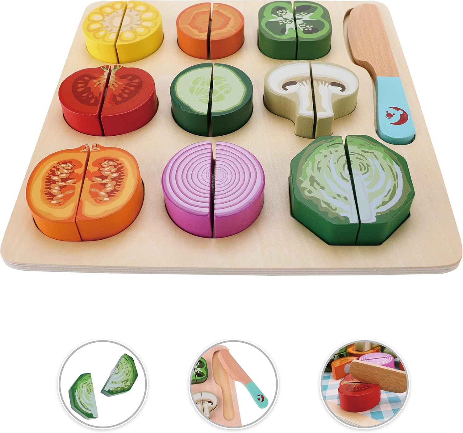 Classic World - Wooden Play Food - Cutting Vegetable Puzzle Toy- 20 pieces Colourful Kitchen Pretend Playset - Wooden Cutting Fruit and Veg Toys - Educational Learning Toys - Suitable for 18 Months +