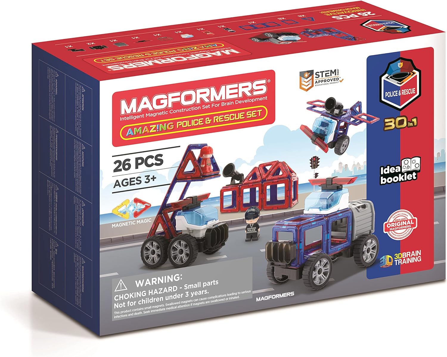 Magformers Amazing Police And Rescue Magnetic Building Blocks Tile Toy. Makes Cars And Buildings In A Police Theme. A STEM Toy For Children Aged 4+. With Police Character And Car.