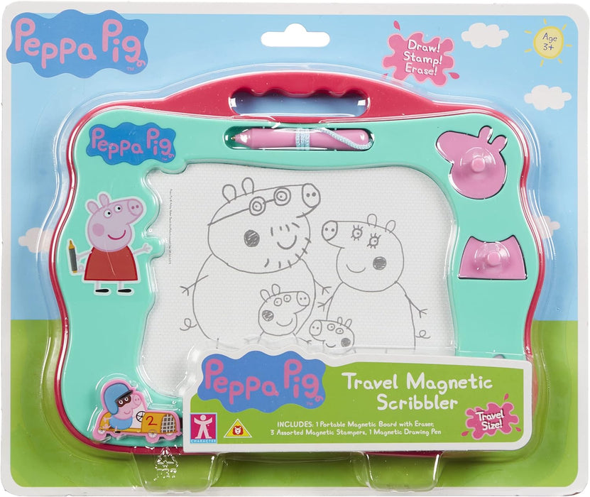 Peppa Pig Travel Magnetic Scribbler pad with pen and 3 stamps, draw and erase with no mess, Mint Green/Pink, 23.5 x 2.5 x 18 centimeters