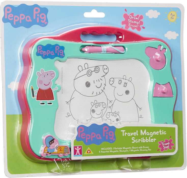 Peppa Pig Travel Magnetic Scribbler pad with pen and 3 stamps, draw and erase with no mess, Mint Green/Pink, 23.5 x 2.5 x 18 centimeters