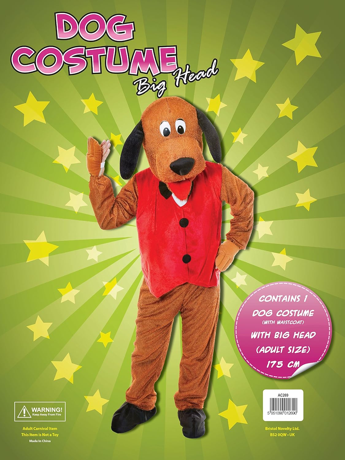Bristol Novelty AC269 Hund mit Weste Kostüm mit großem Kopf, Rot, 44-Inch Chest Size