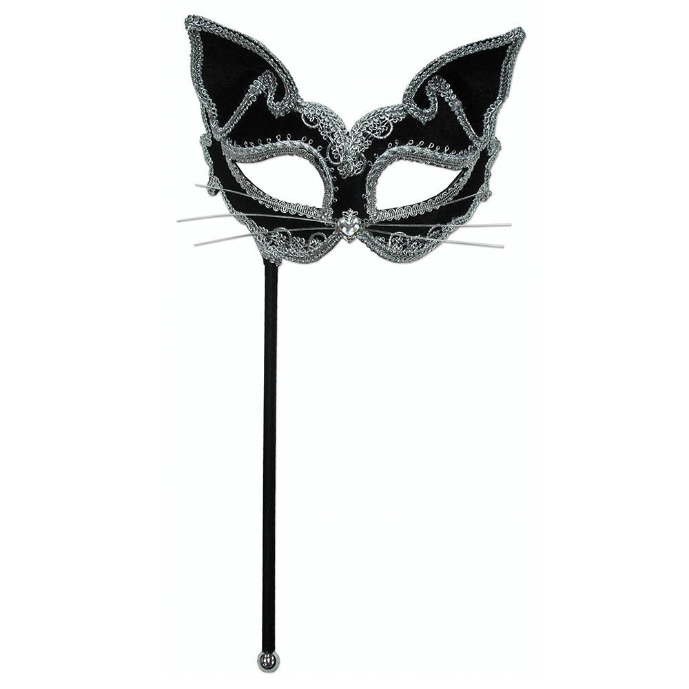 Bristol Novelty EM424 Cat Mask on Stick | Black and Silver | Pack of 1 Eye, Womens, Multi-Colour, One Size
