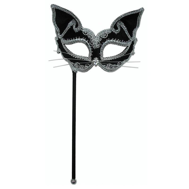 Bristol Novelty EM424 Cat Mask on Stick | Black and Silver | Pack of 1 Eye, Womens, Multi-Colour, One Size
