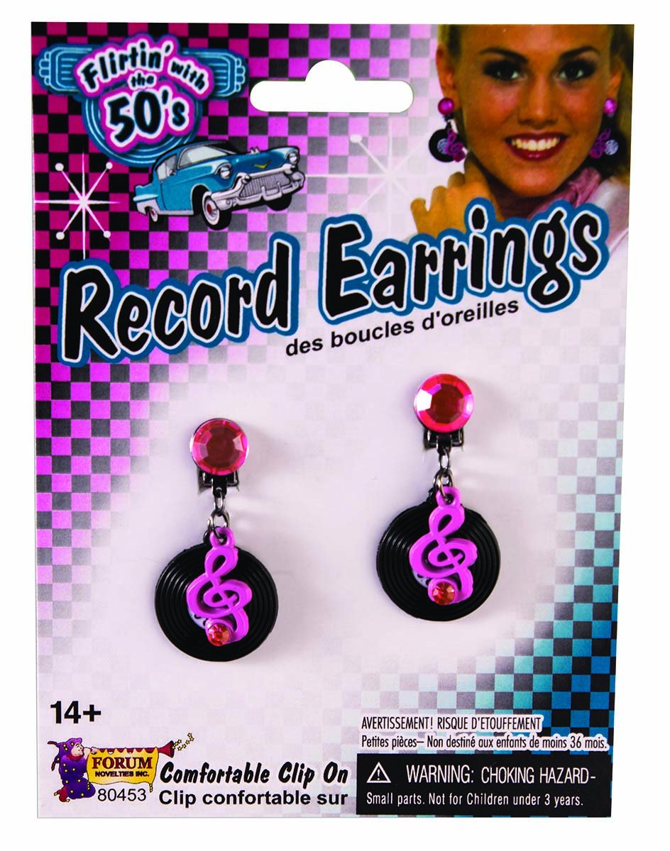 Forum Novelties Women's Rock and Roll Record Earrings Braces, Black (Black. Pink Black. Pink), One Size