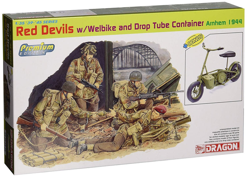 Dragon Models 1/35 Red Devils with Welbike and Drop Tube Container, Arnhem 1944 (4 Figures Set with Bike) - Premium Edition